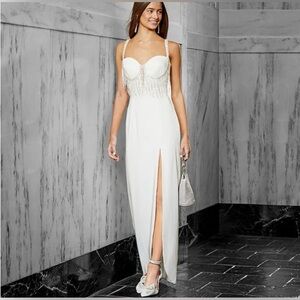 Mark Zunino Beaded Fringe Front Slit Sweetheart Neckline Gown